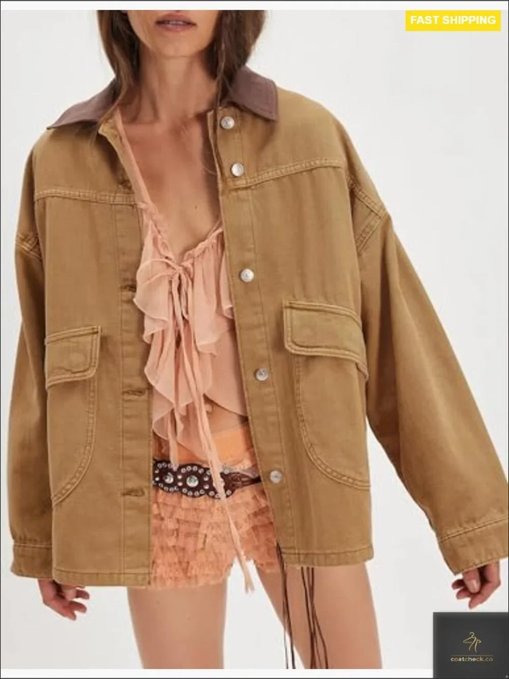 Oversized Denim Jacket with Contrast Trim Long Sleeve Button Down Jean Coat